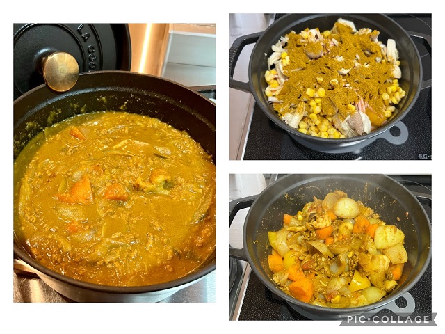 鍋でカレーを作っている